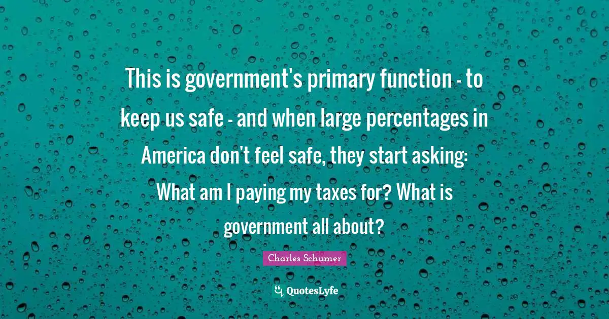 Charles Schumer Quotes: "This is government's primary function - to keep us safe - and when large percentages in America don't feel safe, they start asking: What am I paying my taxes for? What is government all about?"