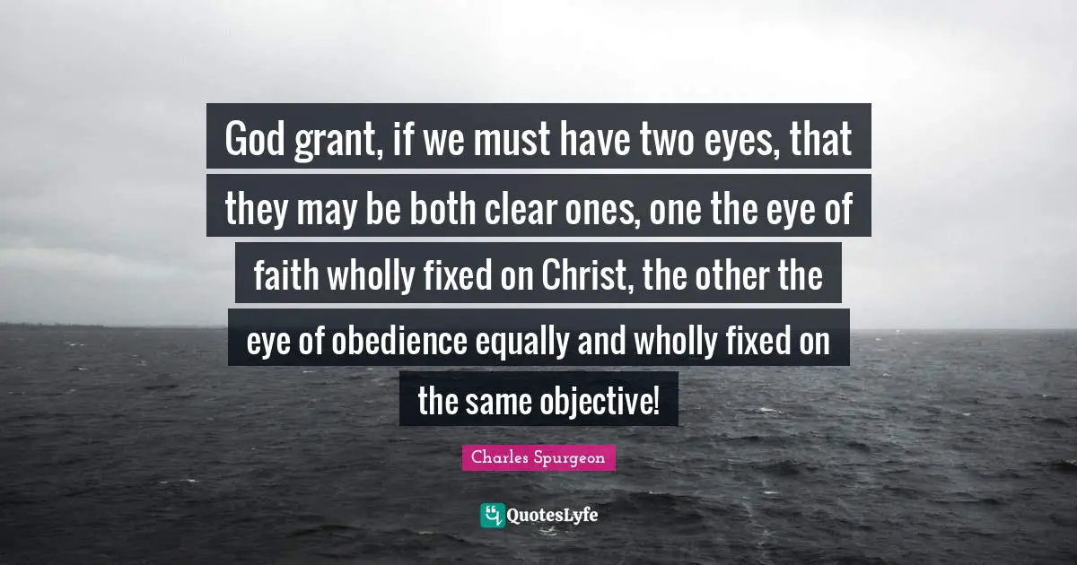 God grant, if we must have two eyes, that they may be both clear ones, one the eye of faith wholly fixed on Christ, the other the eye of obedience equally and wholly fixed on the same objective!