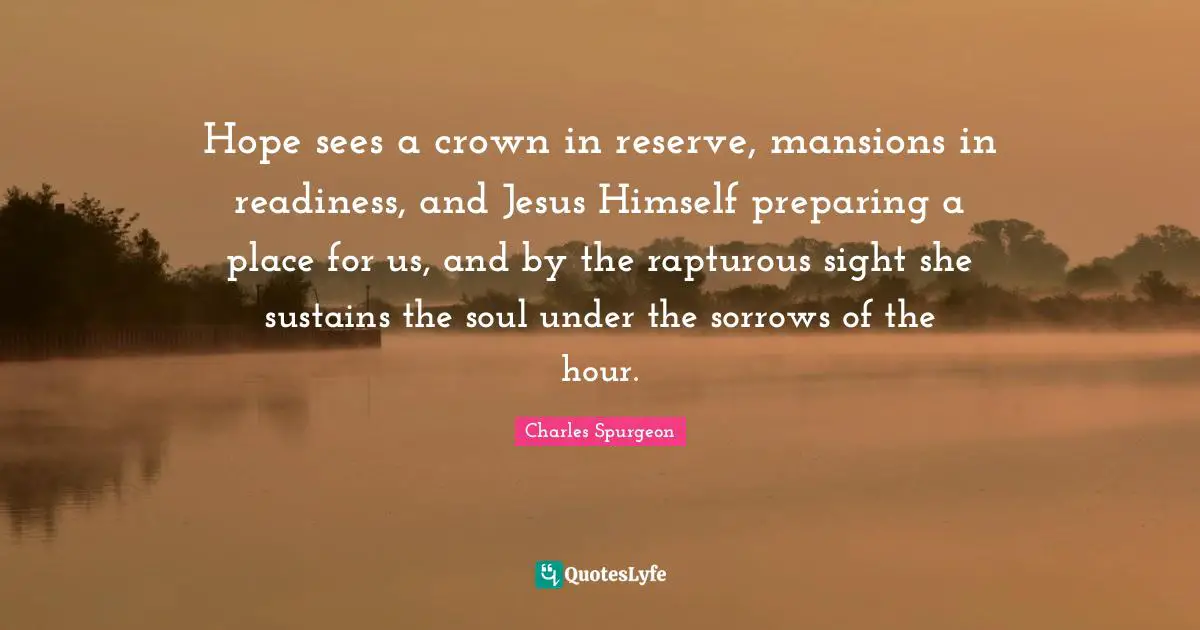 Hope sees a crown in reserve, mansions in readiness, and Jesus Himself preparing a place for us, and by the rapturous sight she sustains the soul under the sorrows of the hour.