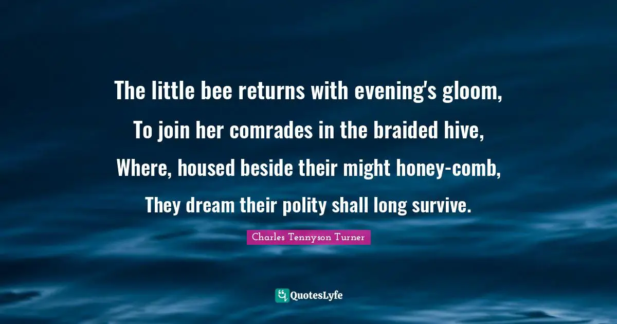 Honey Quotes: "The little bee returns with evening's gloom, To join her comrades in the braided hive, Where, housed beside their might honey-comb, They dream their polity shall long survive."