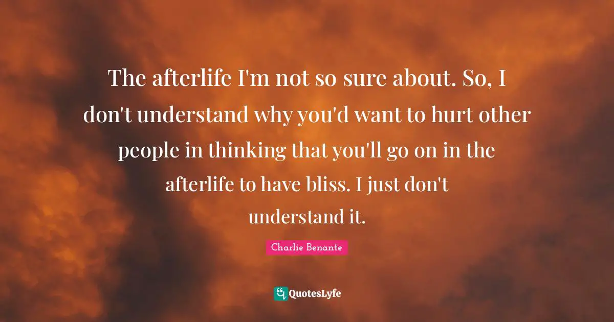 The afterlife I'm not so sure about. So, I don't understand why you'd want to hurt other people in thinking that you'll go on in the afterlife to have bliss. I just don't understand it.