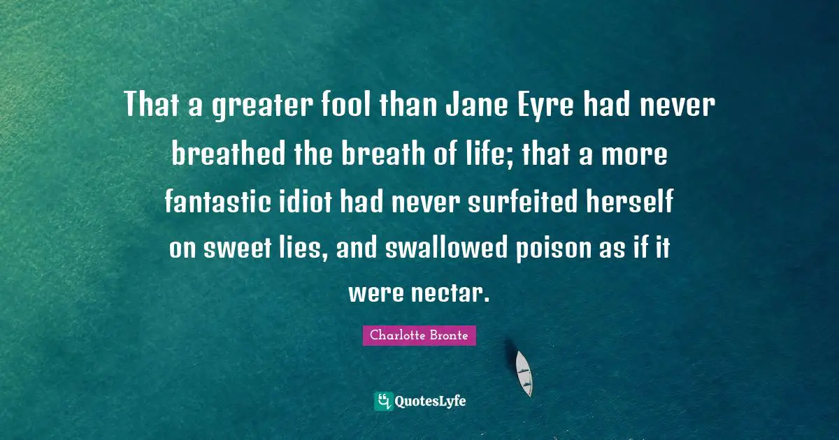 That a greater fool than Jane Eyre had never breathed the breath of life; that a more fantastic idiot had never surfeited herself on sweet lies, and swallowed poison as if it were nectar.