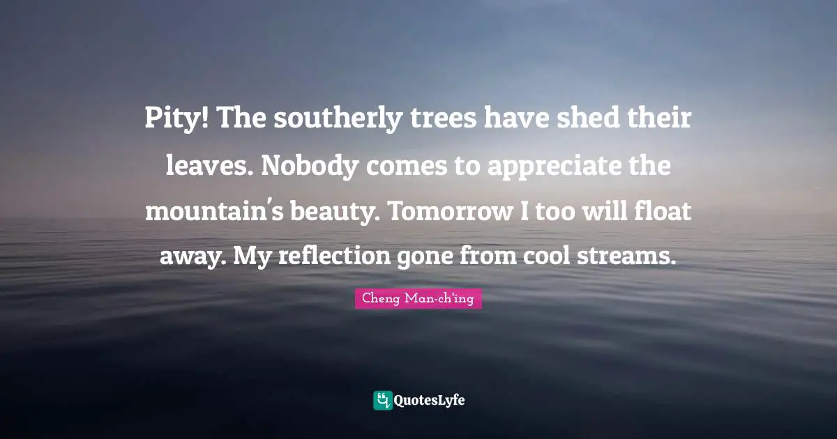 Pity! The southerly trees have shed their leaves. Nobody comes to appreciate the mountain's beauty. Tomorrow I too will float away. My reflection gone from cool streams.