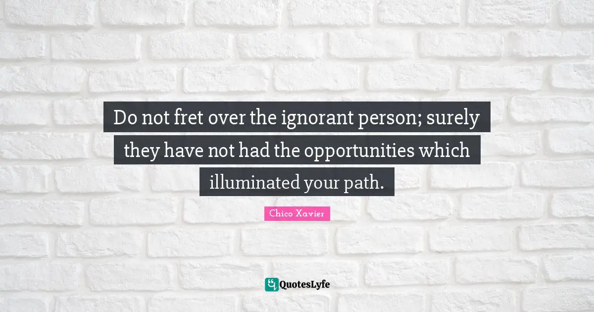 Chico Xavier Quotes: "Do not fret over the ignorant person; surely they have not had the opportunities which illuminated your path."