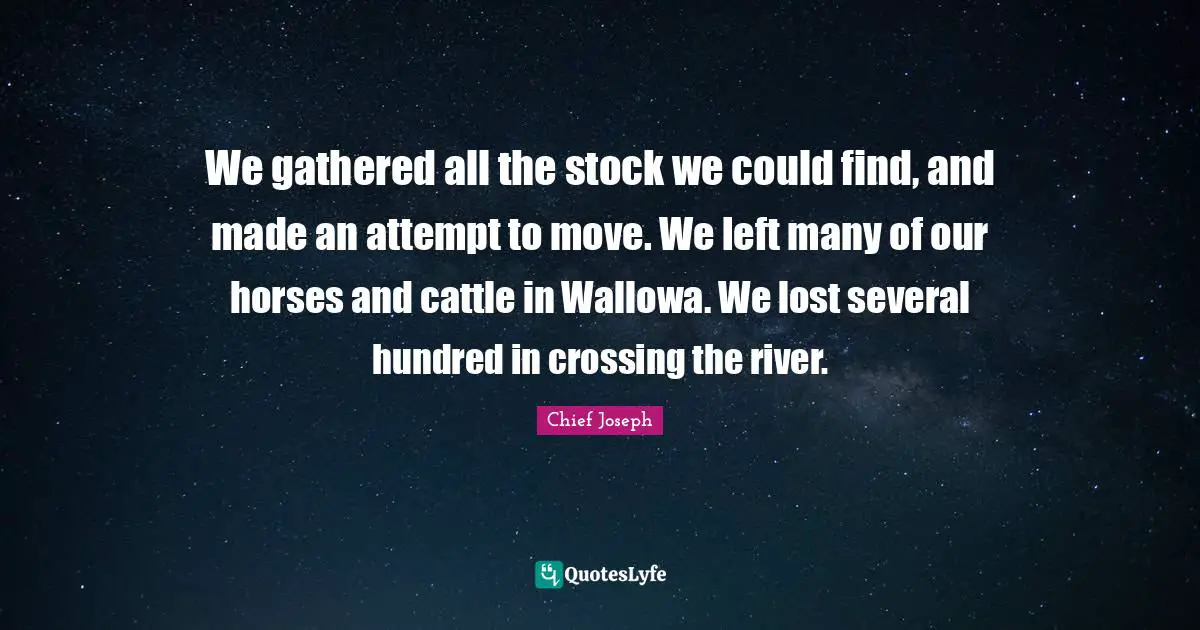 We gathered all the stock we could find, and made an attempt to move. We left many of our horses and cattle in Wallowa. We lost several hundred in crossing the river.