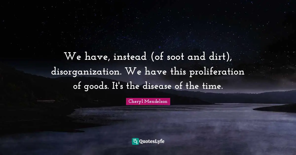 Cheryl Mendelson Quotes: "We have, instead (of soot and dirt), disorganization. We have this proliferation of goods. It's the disease of the time."