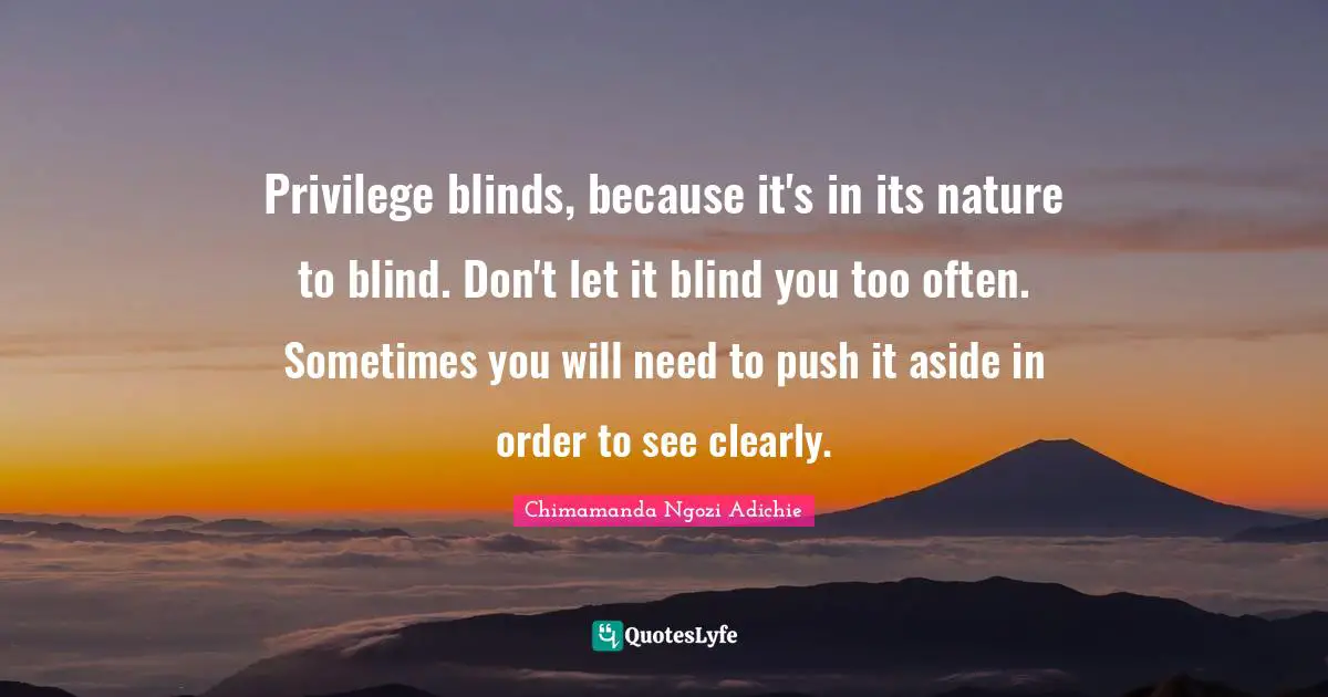 Privilege blinds, because it's in its nature to blind. Don't let it blind you too often. Sometimes you will need to push it aside in order to see clearly.