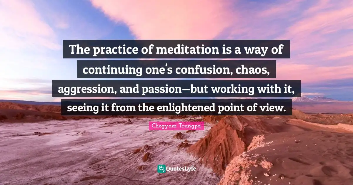 The practice of meditation is a way of continuing one's confusion, chaos, aggression, and passion—but working with it, seeing it from the enlightened point of view.
