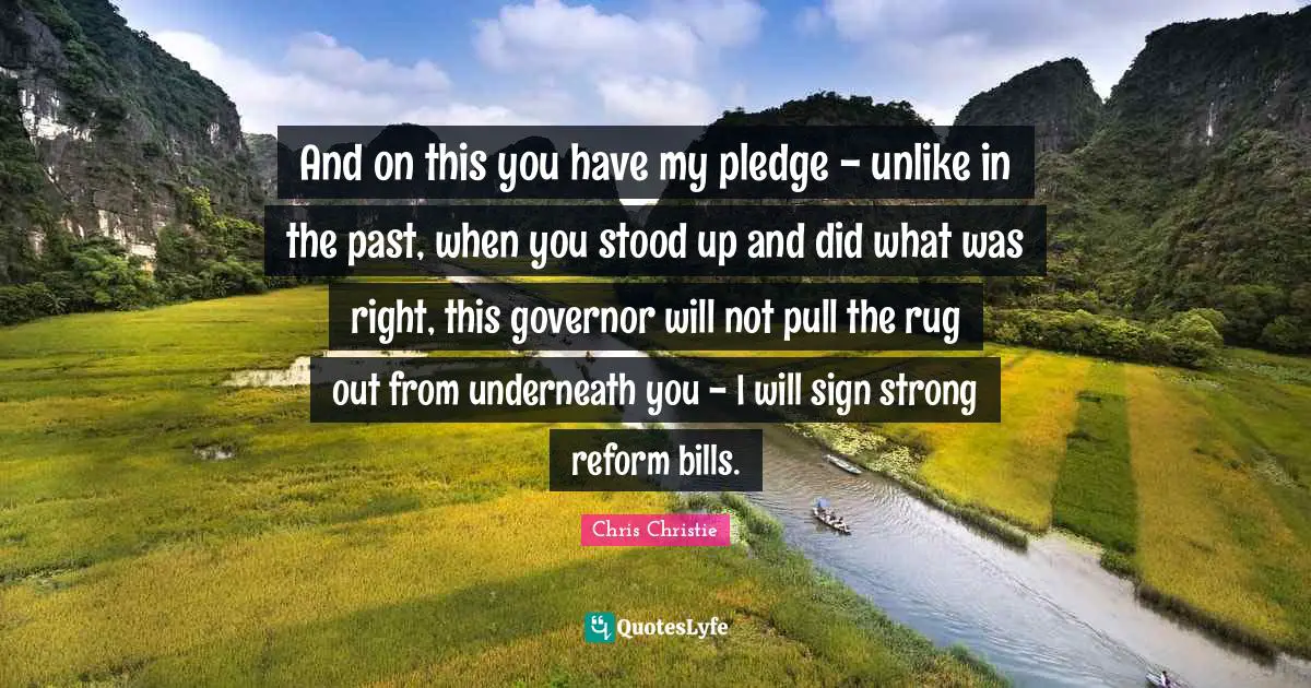 And on this you have my pledge - unlike in the past, when you stood up and did what was right, this governor will not pull the rug out from underneath you - I will sign strong reform bills.