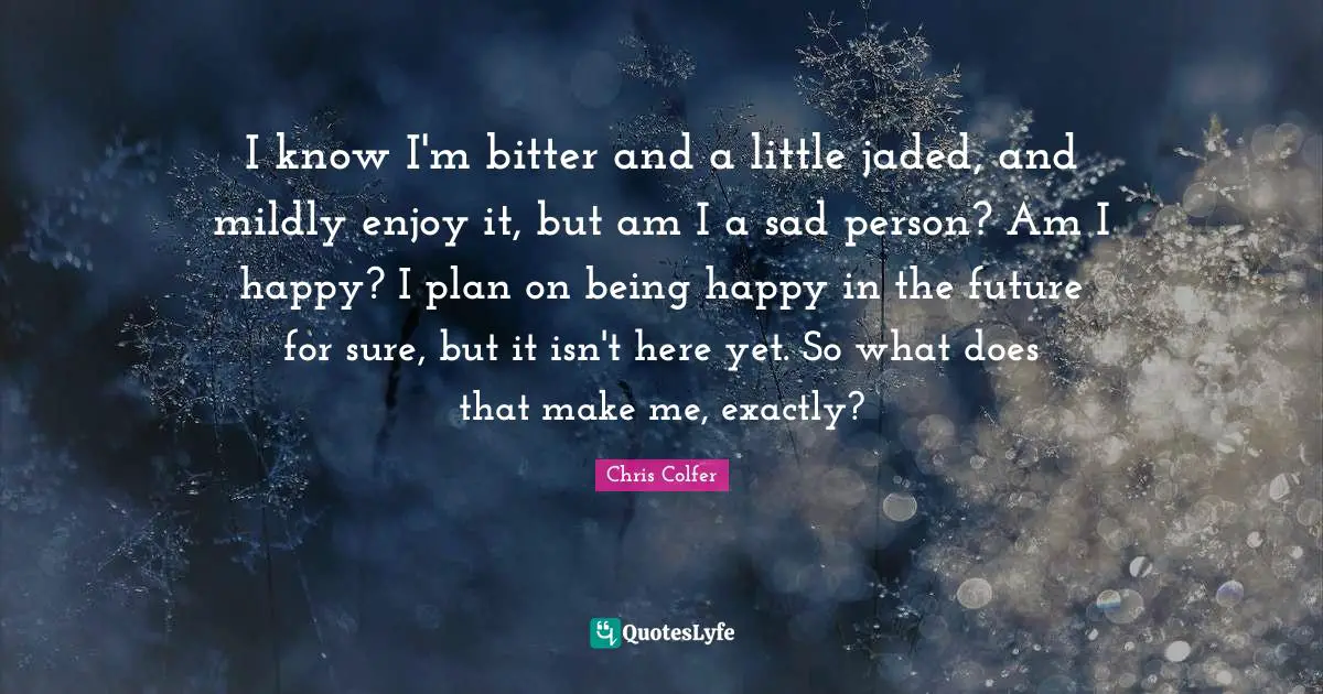 I know I'm bitter and a little jaded, and mildly enjoy it, but am I a sad person? Am I happy? I plan on being happy in the future for sure, but it isn't here yet. So what does that make me, exactly?