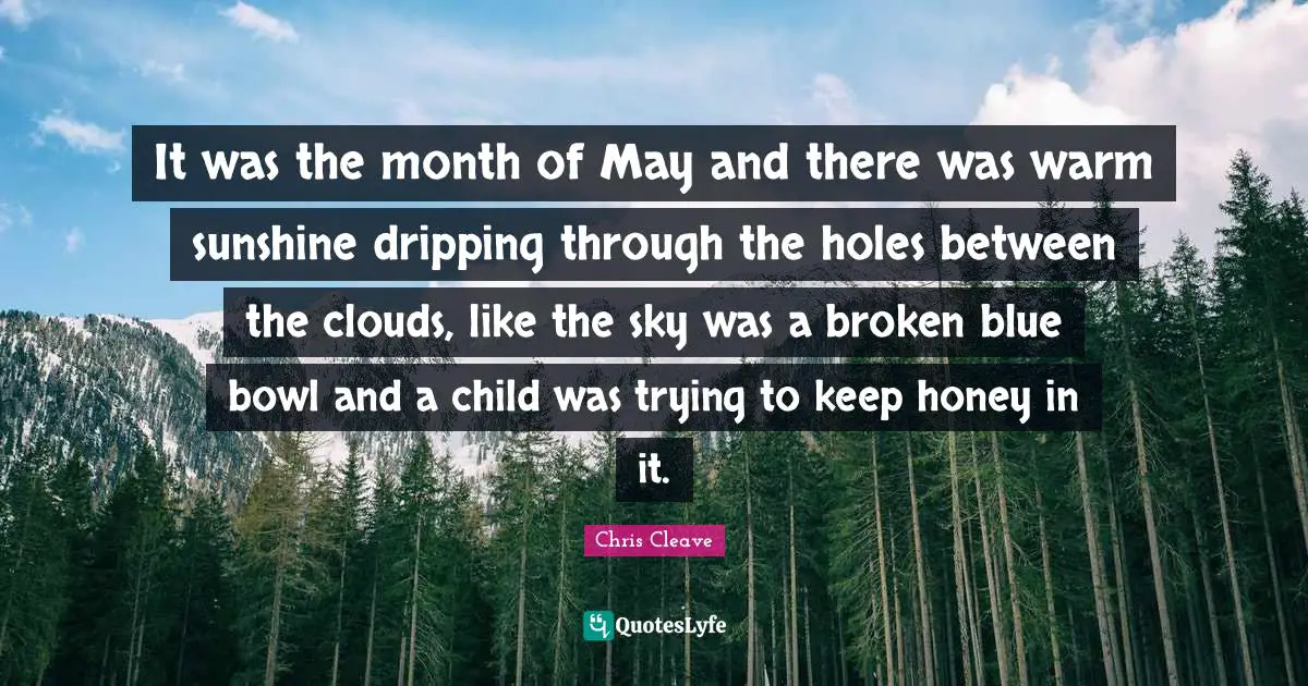 Dripping Quotes: "It was the month of May and there was warm sunshine dripping through the holes between the clouds, like the sky was a broken blue bowl and a child was trying to keep honey in it."