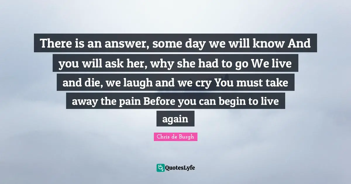 There is an answer, some day we will know And you will ask her, why she had to go We live and die, we laugh and we cry You must take away the pain Before you can begin to live again