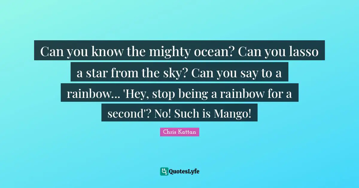 Can you know the mighty ocean? Can you lasso a star from the sky? Can you say to a rainbow... 'Hey, stop being a rainbow for a second'? No! Such is Mango!
