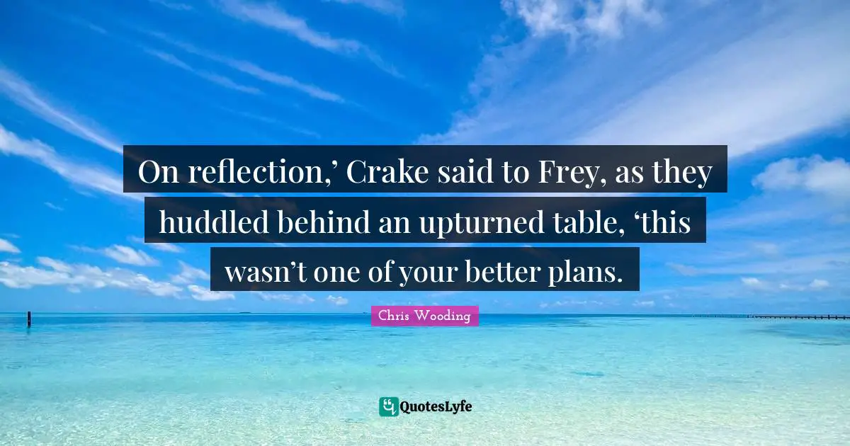 On reflection,’ Crake said to Frey, as they huddled behind an upturned table, ‘this wasn’t one of your better plans.
