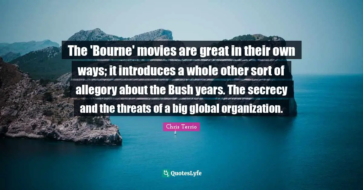 The 'Bourne' movies are great in their own ways; it introduces a whole other sort of allegory about the Bush years. The secrecy and the threats of a big global organization.