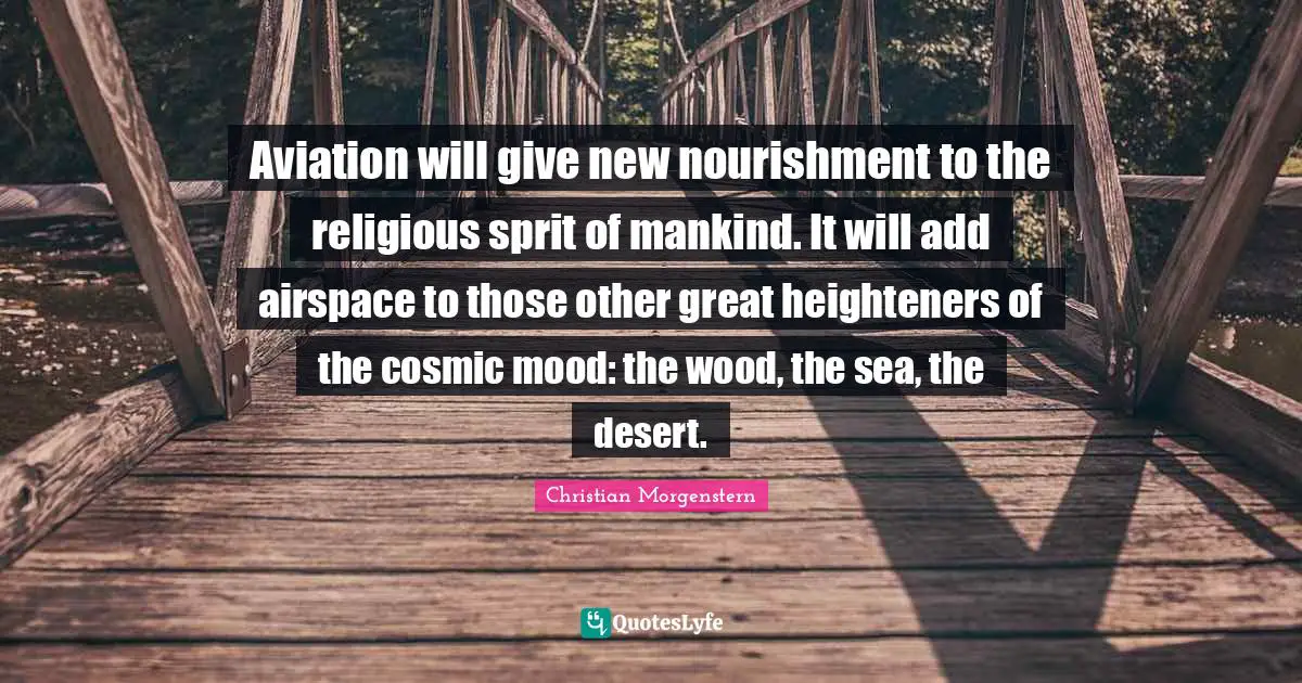 Aviation will give new nourishment to the religious sprit of mankind. It will add airspace to those other great heighteners of the cosmic mood: the wood, the sea, the desert.