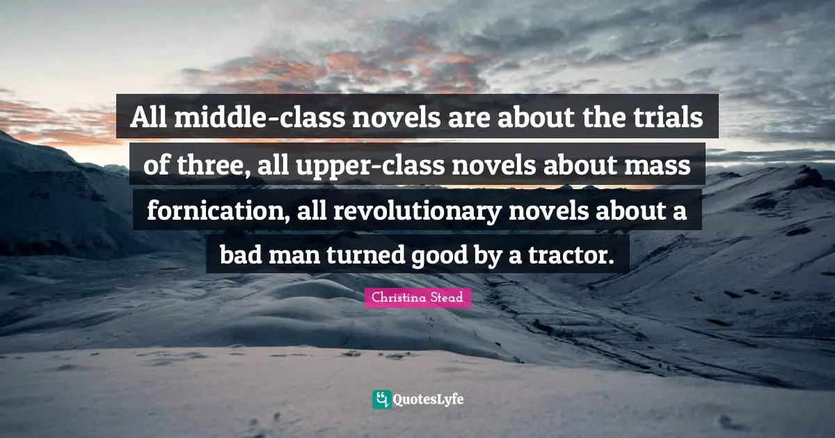 All middle-class novels are about the trials of three, all upper-class novels about mass fornication, all revolutionary novels about a bad man turned good by a tractor.