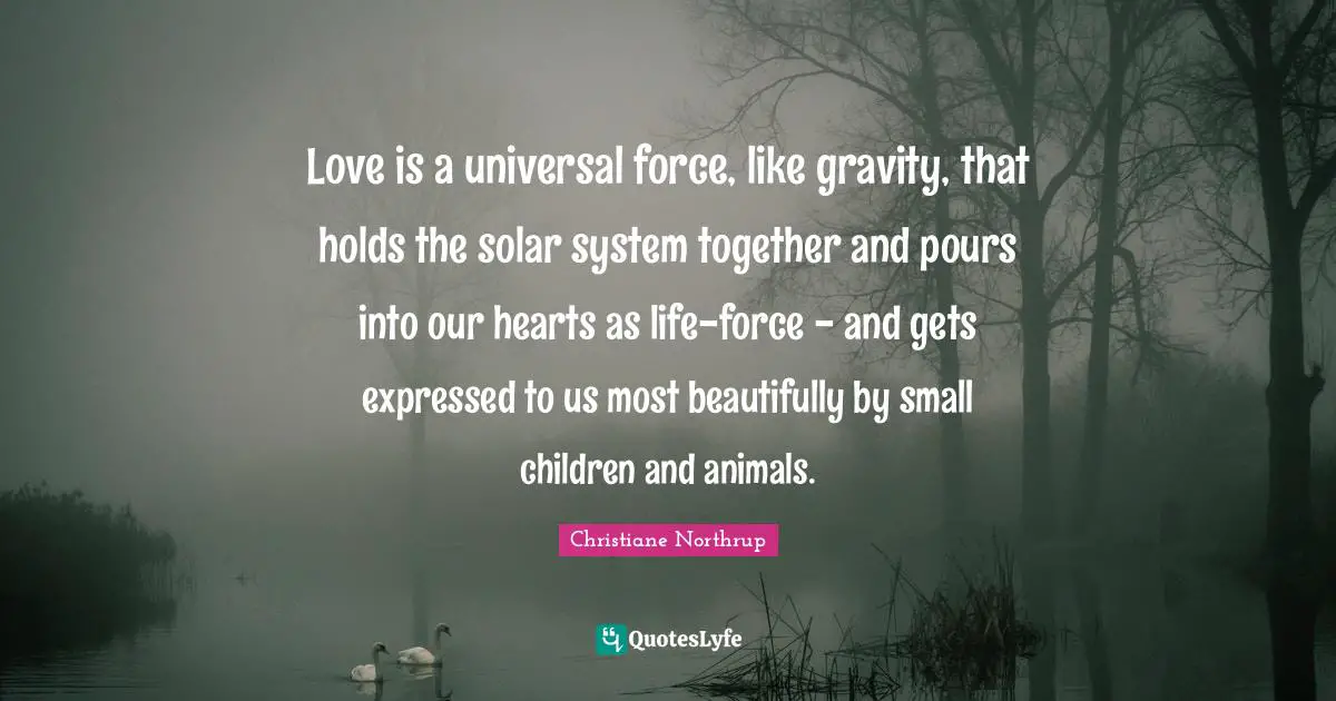 Solar System Quotes: "Love is a universal force, like gravity, that holds the solar system together and pours into our hearts as life-force - and gets expressed to us most beautifully by small children and animals."