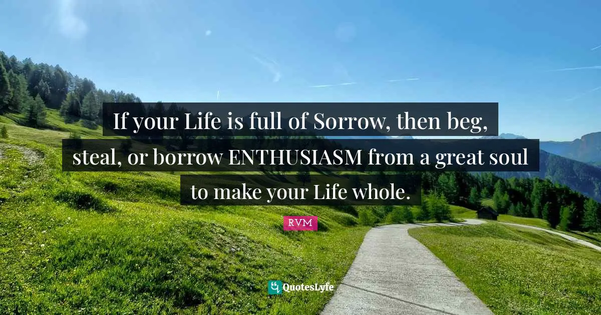 If your Life is full of Sorrow, then beg, steal, or borrow ENTHUSIASM from a great soul to make your Life whole.