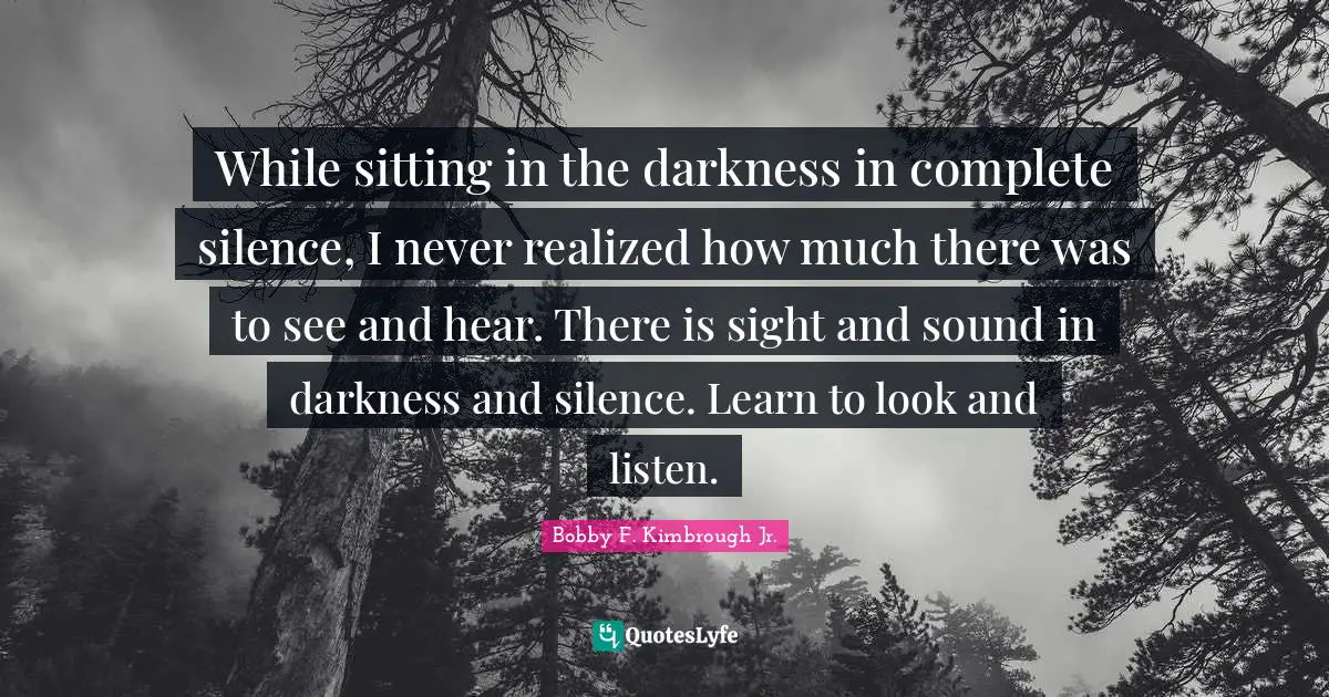 While sitting in the darkness in complete silence, I never realized how much there was to see and hear. There is sight and sound in darkness and silence. Learn to look and listen.