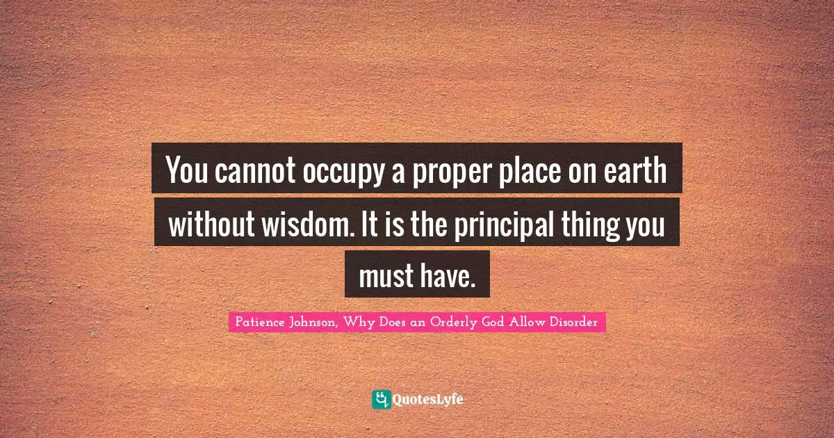 Patience Johnson, Why Does An Orderly God Allow Disorder Quotes: "You cannot occupy a proper place on earth without wisdom. It is the principal thing you must have."