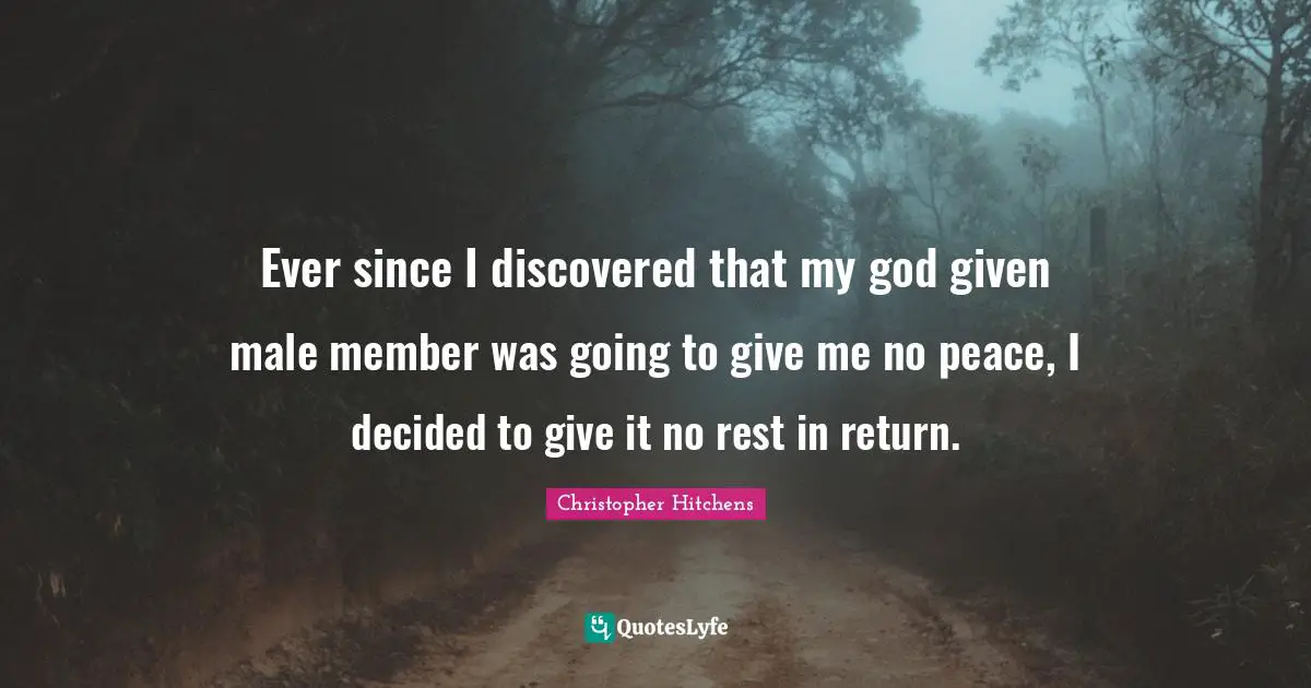 Ever since I discovered that my god given male member was going to give me no peace, I decided to give it no rest in return.
