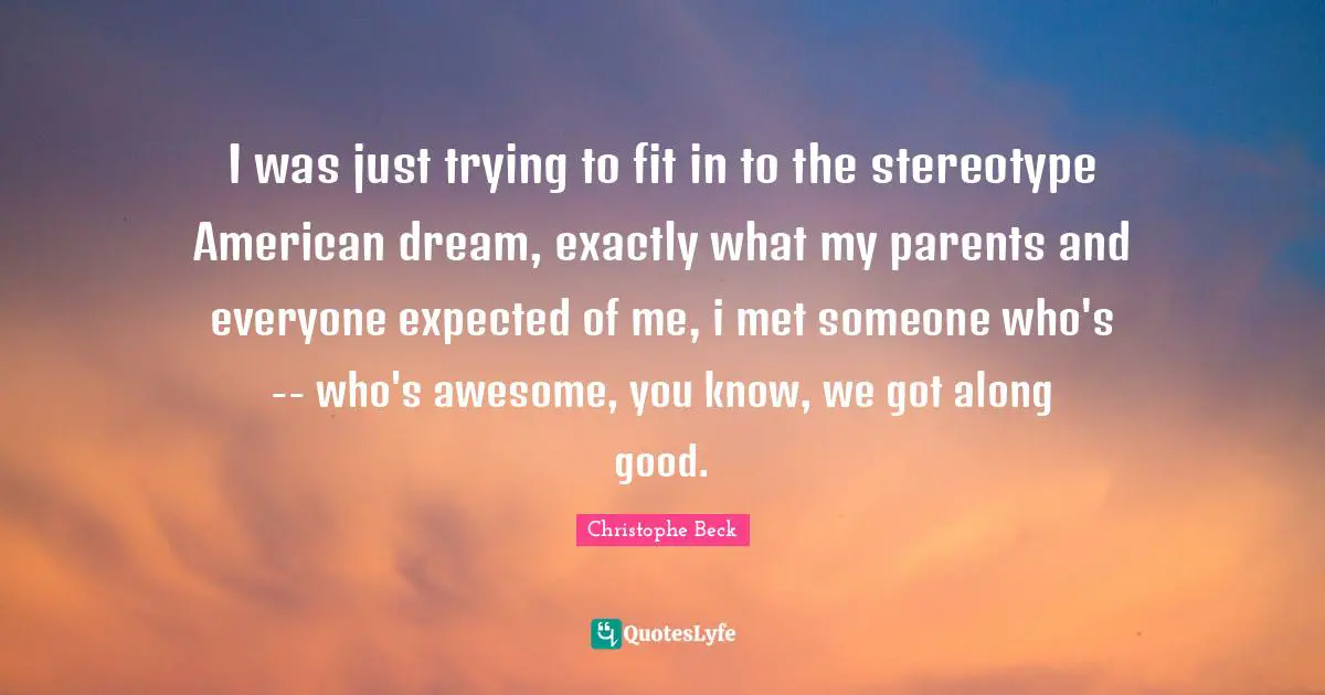 I was just trying to fit in to the stereotype American dream, exactly what my parents and everyone expected of me, i met someone who's -- who's awesome, you know, we got along good.