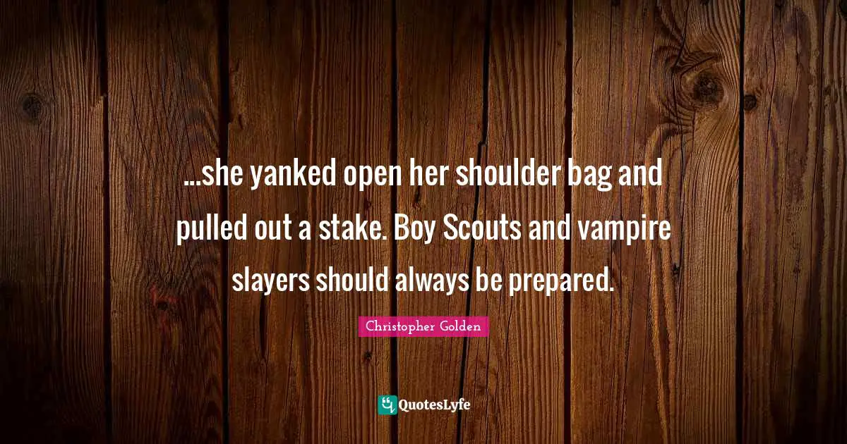 ...she yanked open her shoulder bag and pulled out a stake. Boy Scouts and vampire slayers should always be prepared.
