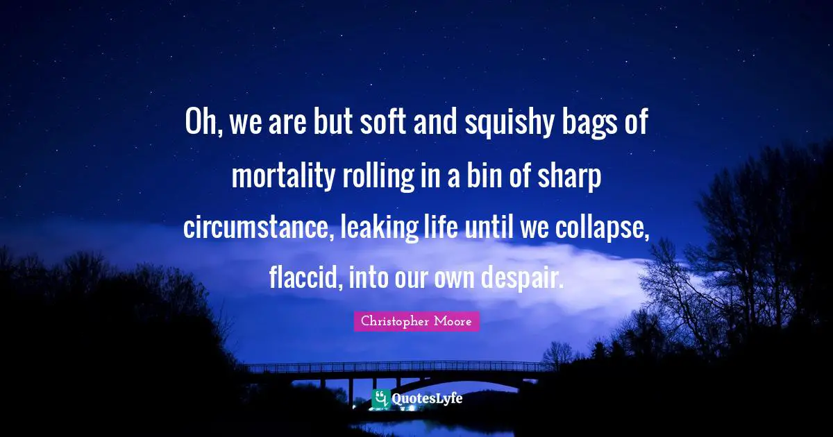 Oh, we are but soft and squishy bags of mortality rolling in a bin of sharp circumstance, leaking life until we collapse, flaccid, into our own despair.