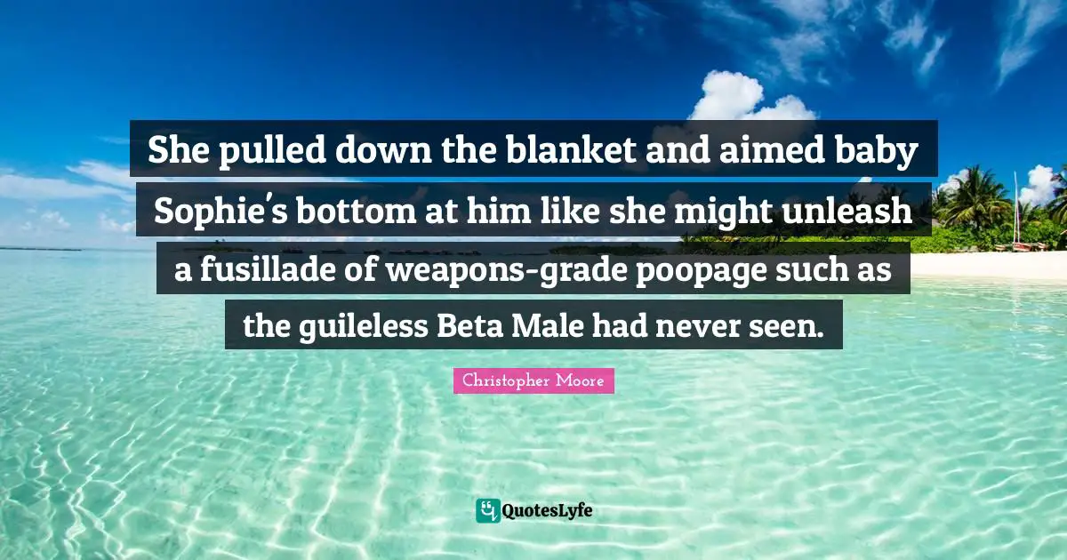 She pulled down the blanket and aimed baby Sophie's bottom at him like she might unleash a fusillade of weapons-grade poopage such as the guileless Beta Male had never seen.