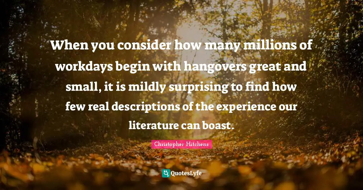 When you consider how many millions of workdays begin with hangovers great and small, it is mildly ­surprising to find how few real descriptions of the experience our literature can boast.
