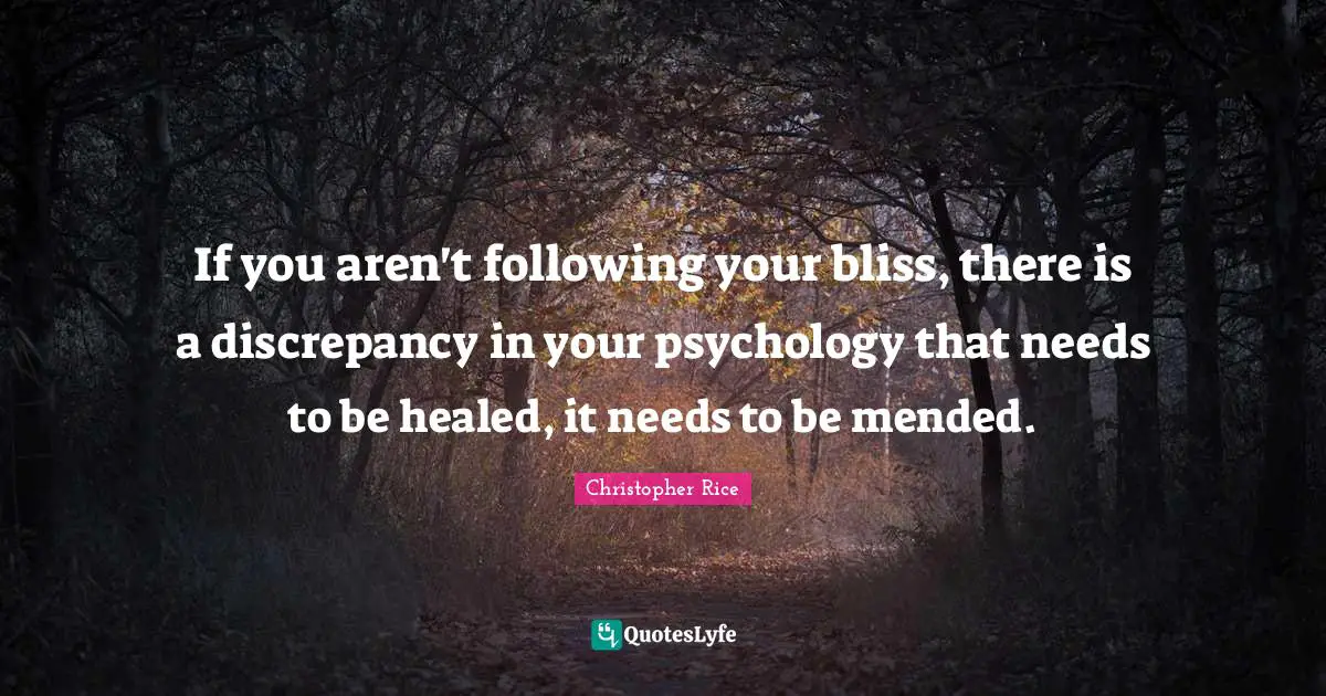 If you aren't following your bliss, there is a discrepancy in your psychology that needs to be healed, it needs to be mended.