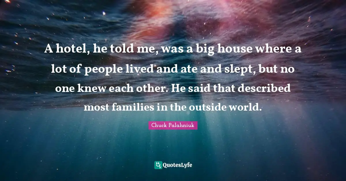 A hotel, he told me, was a big house where a lot of people lived and ate and slept, but no one knew each other. He said that described most families in the outside world.