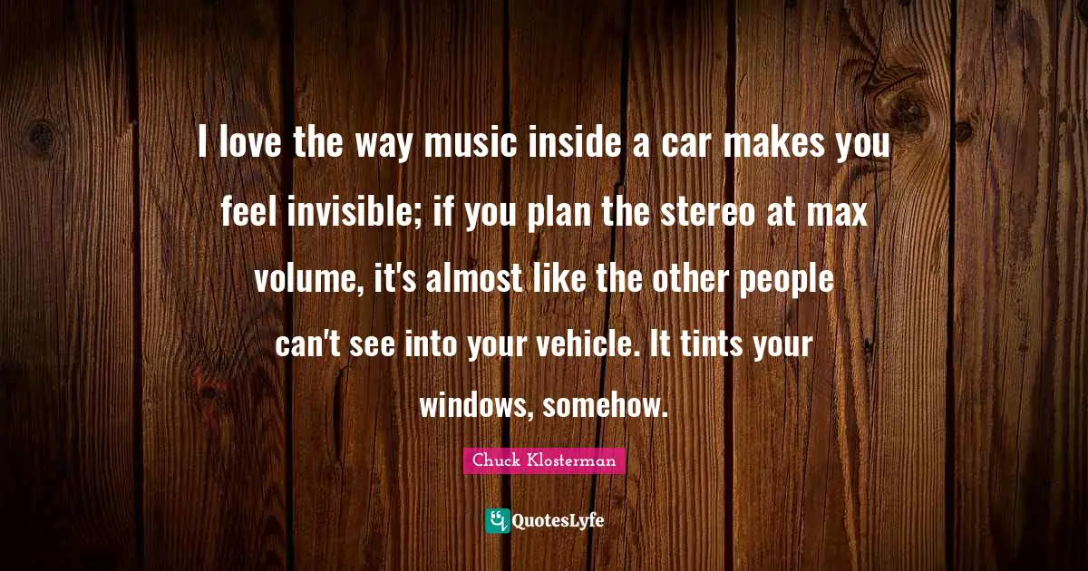I love the way music inside a car makes you feel invisible; if you plan the stereo at max volume, it's almost like the other people can't see into your vehicle. It tints your windows, somehow.