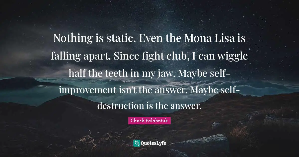 Nothing is static. Even the Mona Lisa is falling apart. Since fight club, I can wiggle half the teeth in my jaw. Maybe self-improvement isn't the answer. Maybe self-destruction is the answer.