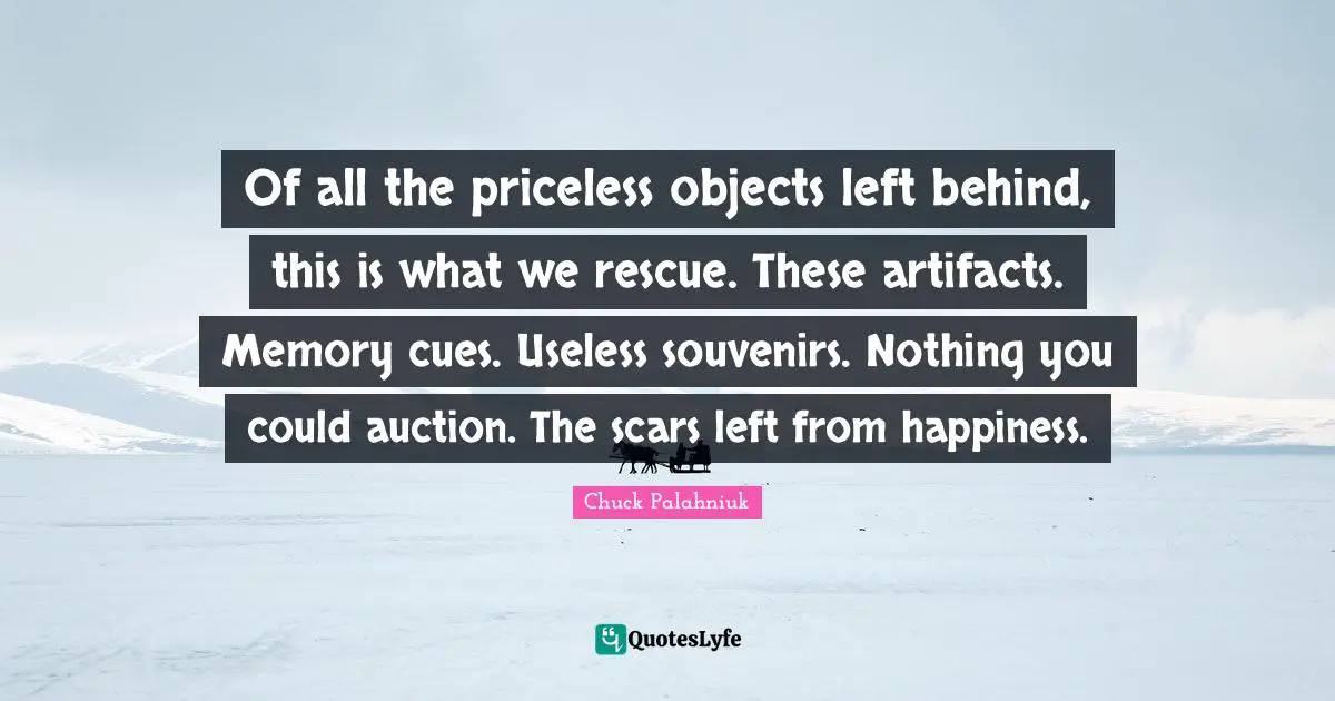 Of all the priceless objects left behind, this is what we rescue. These artifacts. Memory cues. Useless souvenirs. Nothing you could auction. The scars left from happiness.
