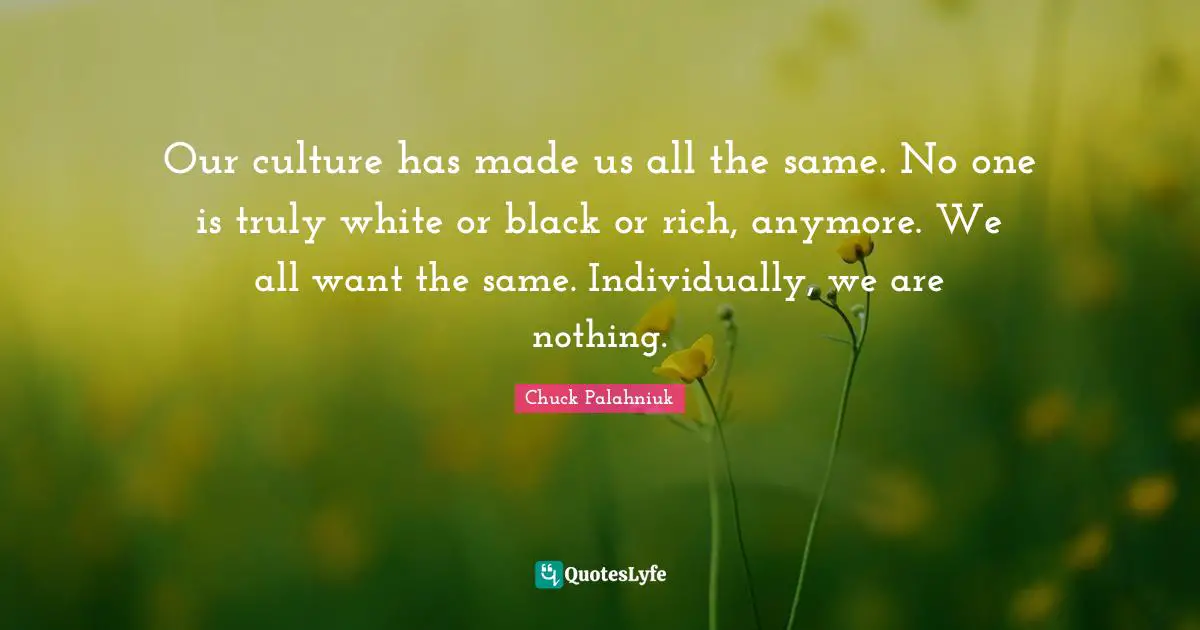Our culture has made us all the same. No one is truly white or black or rich, anymore. We all want the same. Individually, we are nothing.