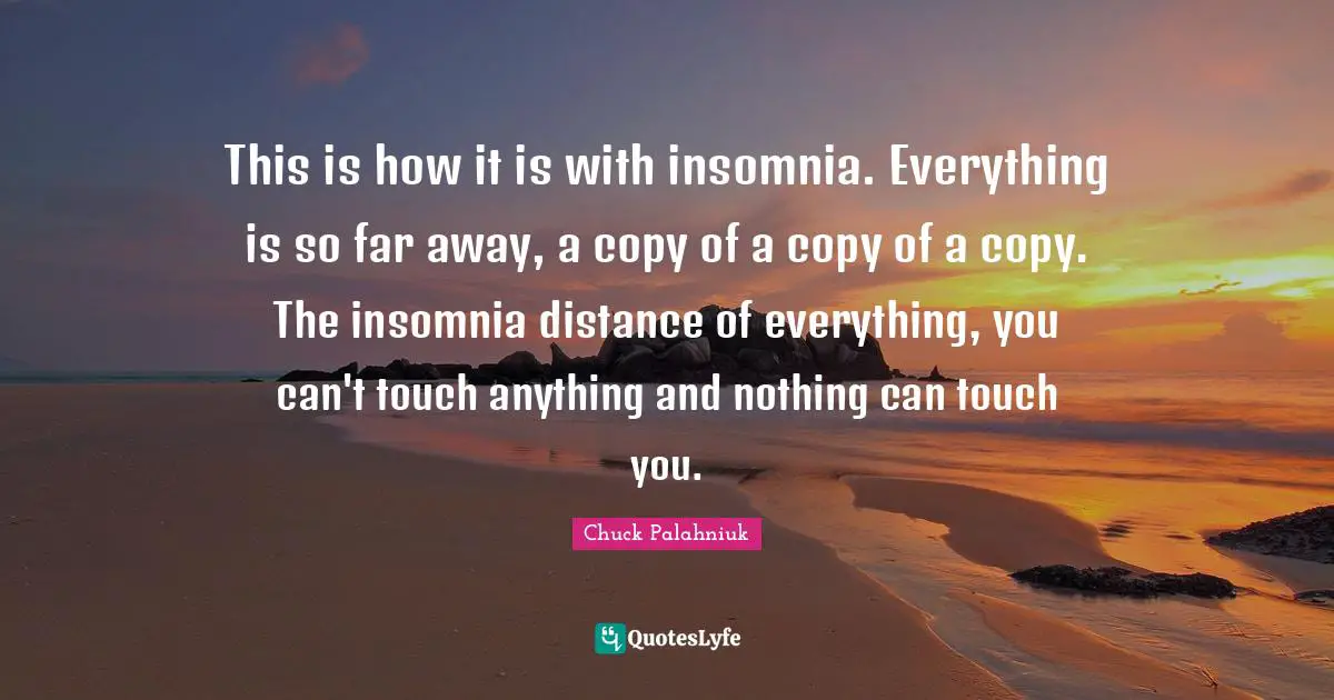 This is how it is with insomnia. Everything is so far away, a copy of a copy of a copy. The insomnia distance of everything, you can't touch anything and nothing can touch you.