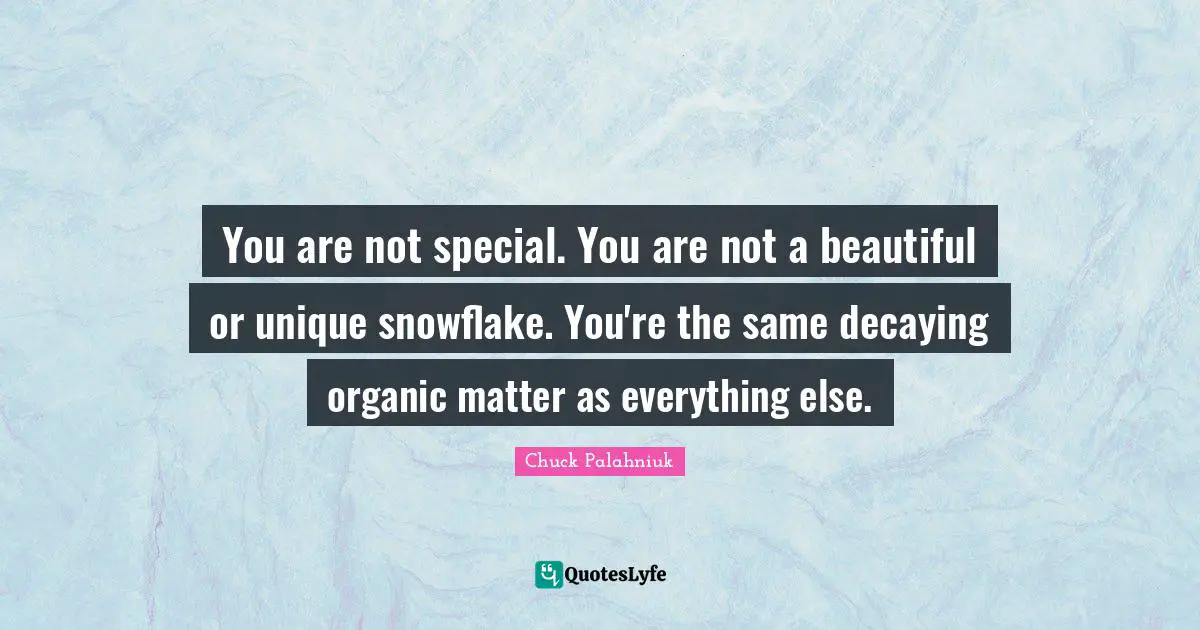 Snowflake Quotes: "You are not special. You are not a beautiful or unique snowflake. You're the same decaying organic matter as everything else."