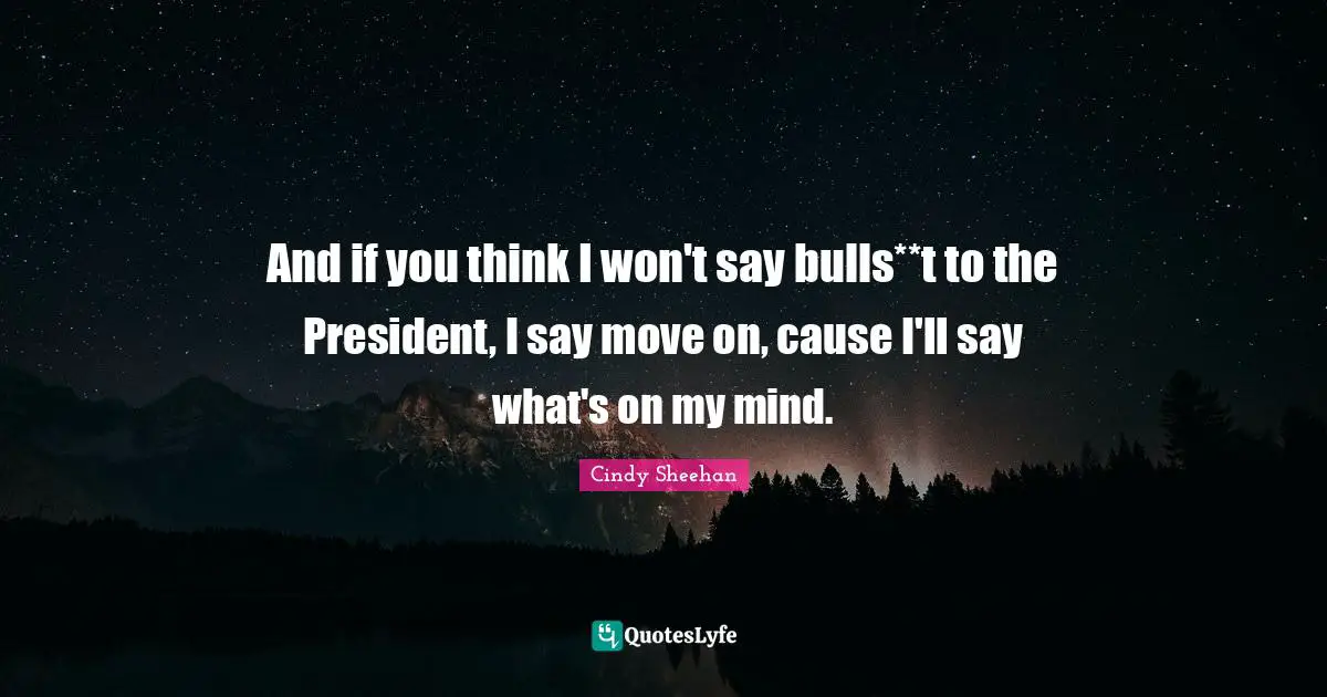 Cindy Sheehan Quotes: "And if you think I won't say bulls**t to the President, I say move on, cause I'll say what's on my mind."