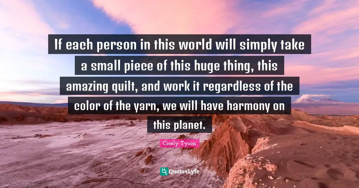 If each person in this world will simply take a small piece of this huge thing, this amazing quilt, and work it regardless of the color of the yarn, we will have harmony on this planet.