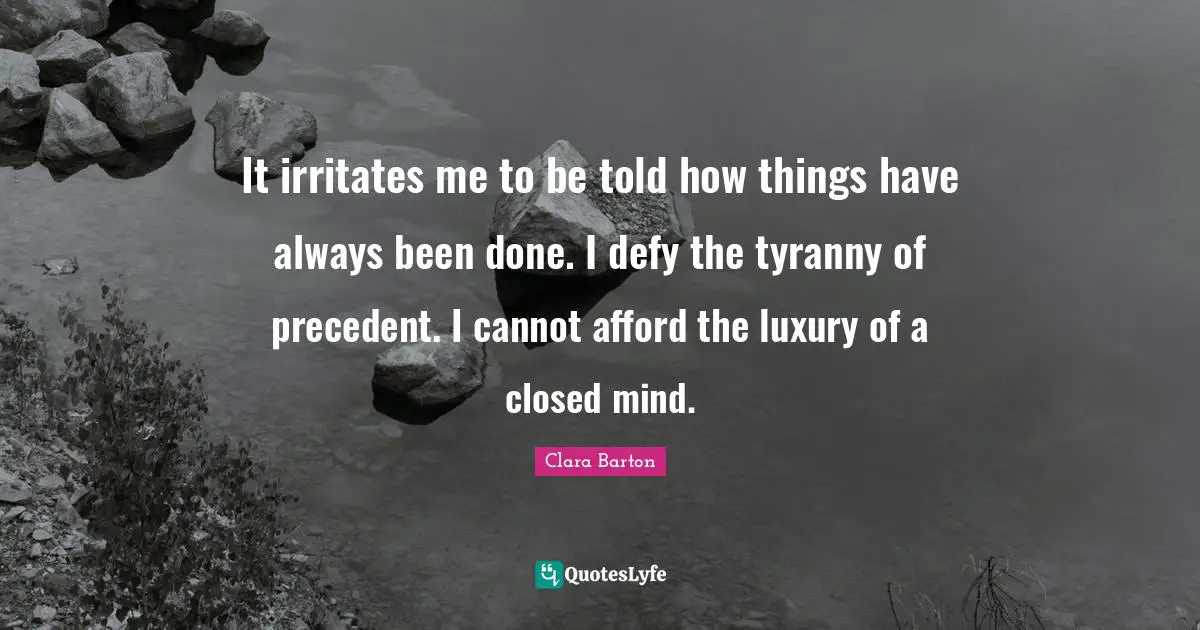 Clara Barton Quotes: It irritates me to be told how things have always been done. I defy the tyranny of precedent. I cannot afford the luxury of a closed mind.