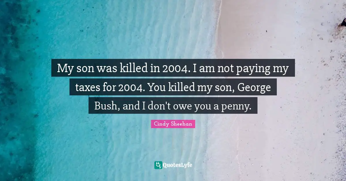 Cindy Sheehan Quotes: "My son was killed in 2004. I am not paying my taxes for 2004. You killed my son, George Bush, and I don't owe you a penny."
