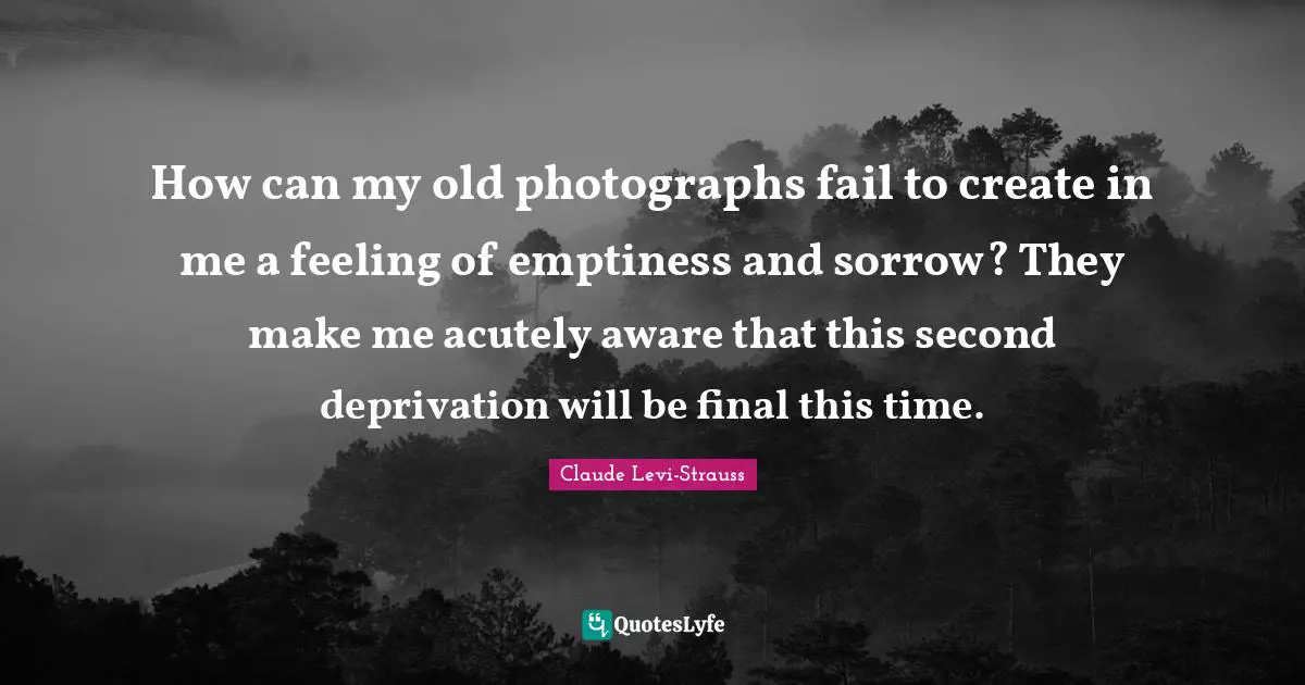 How can my old photographs fail to create in me a feeling of emptiness and sorrow? They make me acutely aware that this second deprivation will be final this time.