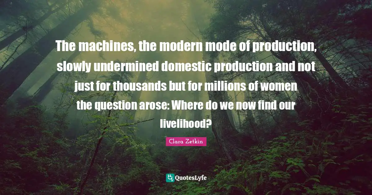 The machines, the modern mode of production, slowly undermined domestic production and not just for thousands but for millions of women the question arose: Where do we now find our livelihood?