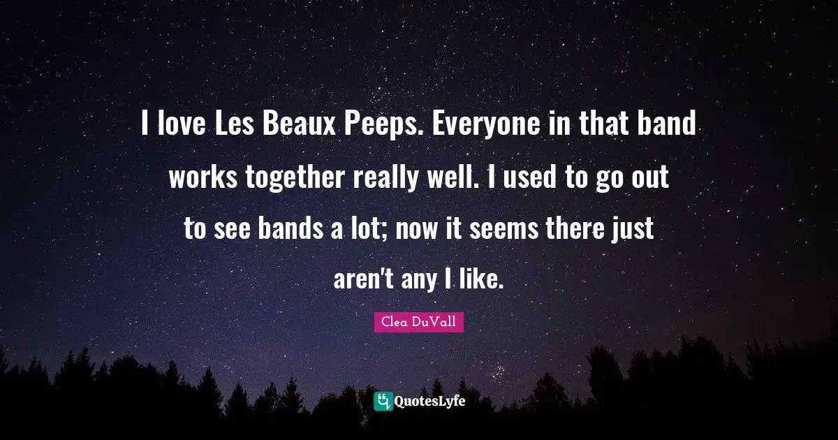 I love Les Beaux Peeps. Everyone in that band works together really well. I used to go out to see bands a lot; now it seems there just aren't any I like.