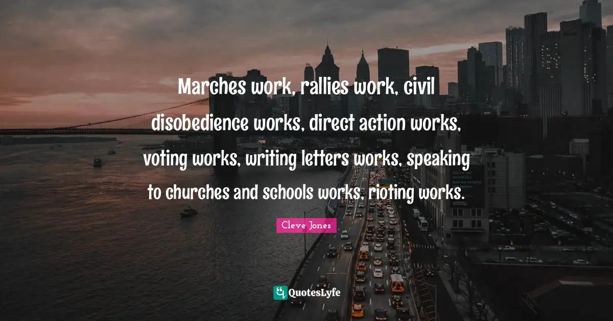 Marches work, rallies work, civil disobedience works, direct action works, voting works, writing letters works, speaking to churches and schools works, rioting works.