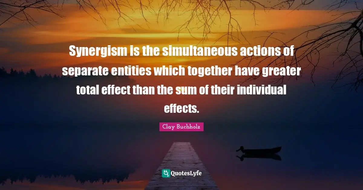 Team Building Quotes: "Synergism is the simultaneous actions of separate entities which together have greater total effect than the sum of their individual effects."