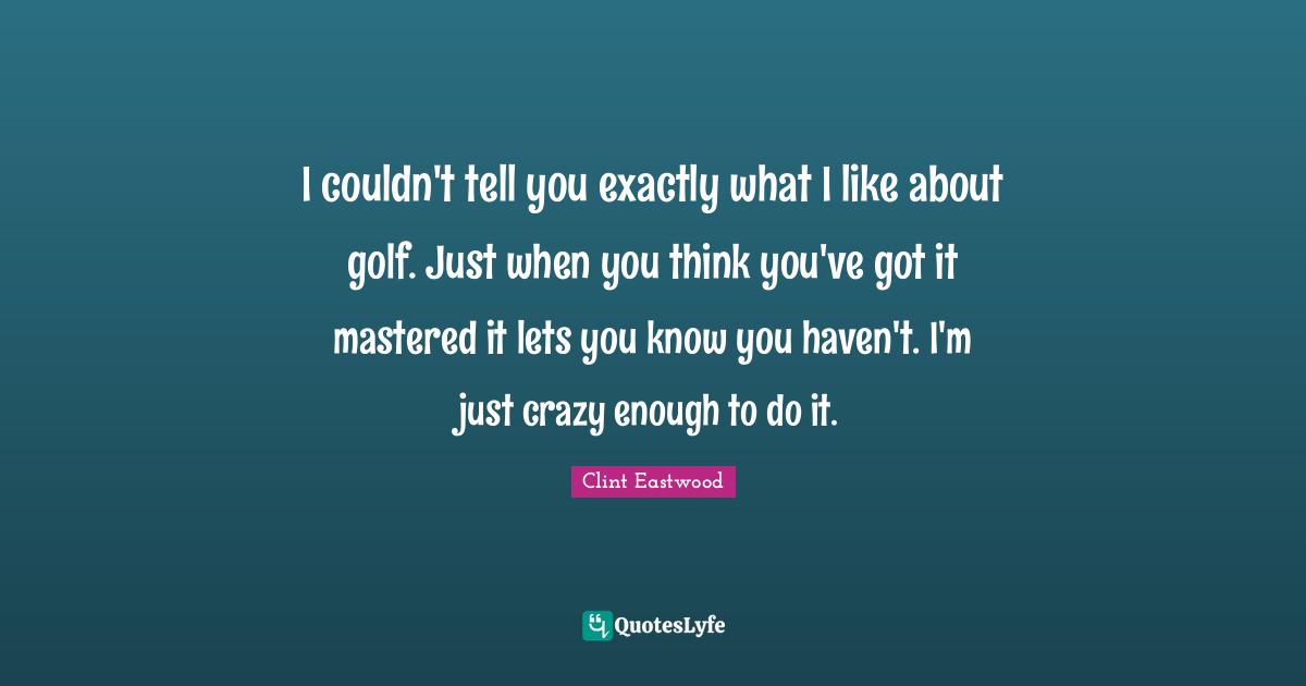I couldn't tell you exactly what I like about golf. Just when you think you've got it mastered it lets you know you haven't. I'm just crazy enough to do it.