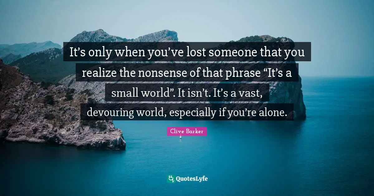 It’s only when you’ve lost someone that you realize the nonsense of that phrase “It’s a small world”. It isn’t. It’s a vast, devouring world, especially if you’re alone.